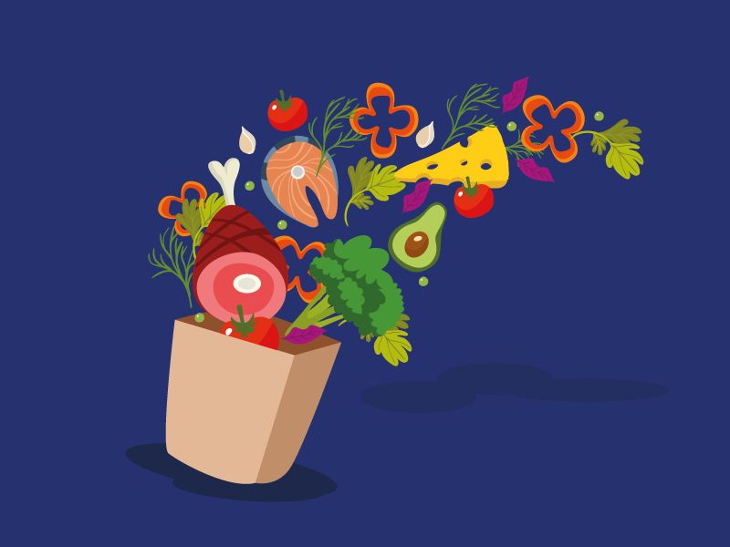 Bolsa de frutas y alimentos sanos
